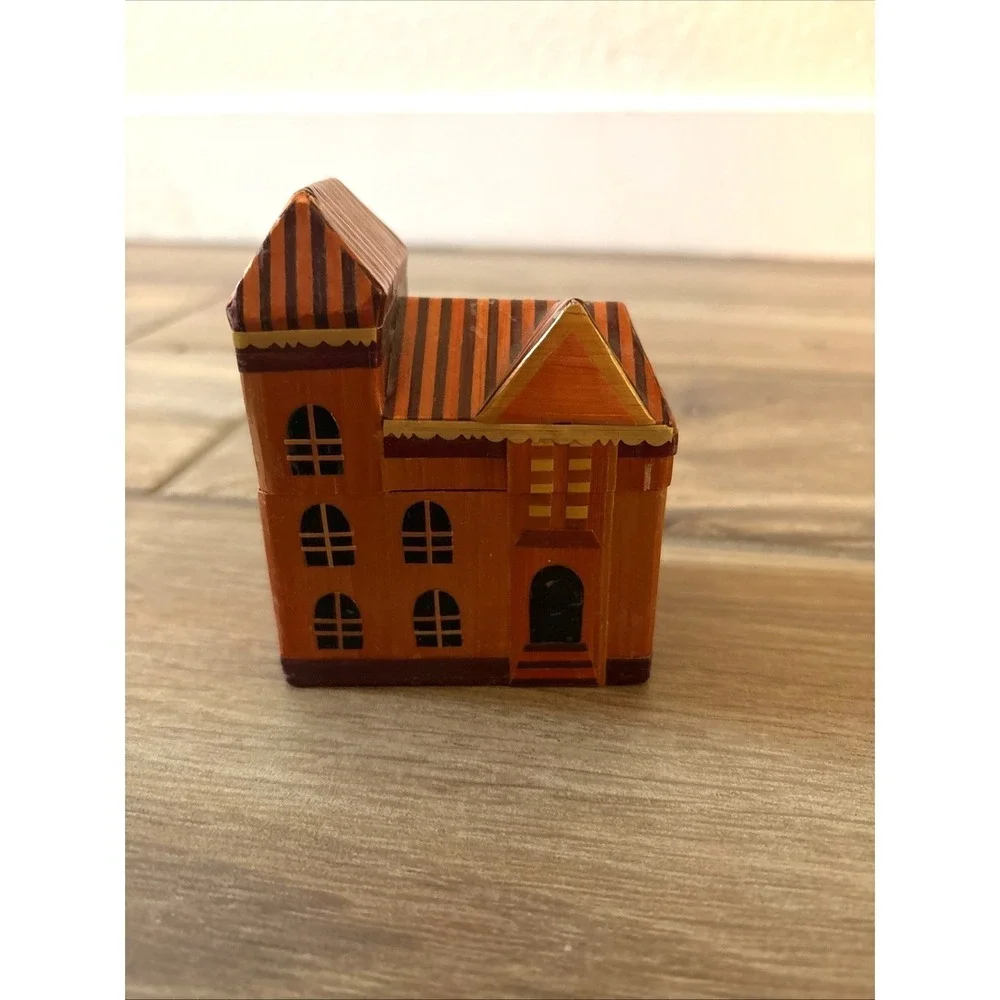 VTG Trinket/Jewelry Box Wheat Straw Balsa Wood Marquetry Victorian House